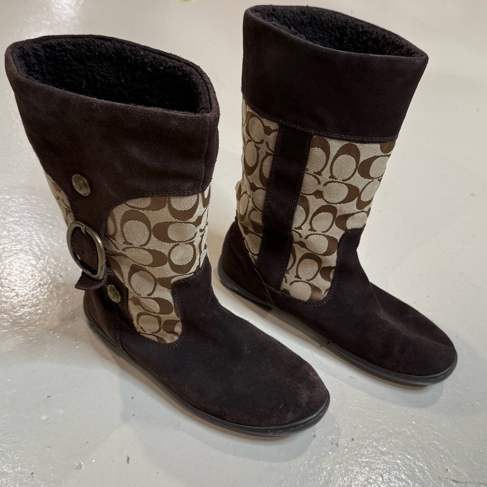 Coach Brown Signature Suede and Logo Mid-Calf Boots